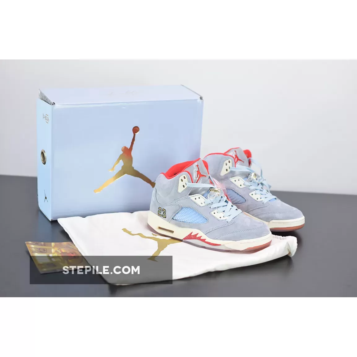 Trophy Room x Air Jordan 5 JSP Ice Blue/Sail-Metallic Gold-University Red #jordan 5 white and gold