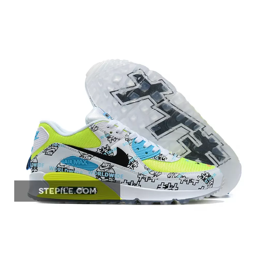 Nike Air Max 90 'Worldwide' White/White-Volt-Blue Fury DA1342-107 Cheap