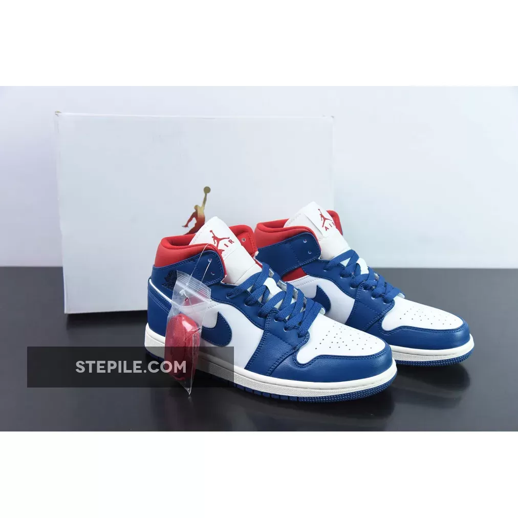 Air Jordan 1 Mid White/French Blue-Gym Red | AJ1 MID BLUE